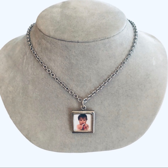 Sterling Silver Square Picture Pendant & Stainless Steel Necklace 18” - Picture 2 of 5